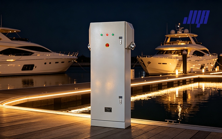 Marine Power Base Suitable for Docks and Yacht Marinas: Power 15 Detailed close‑up of marine power base, heavy‑duty power unit for docks and yacht marinas
