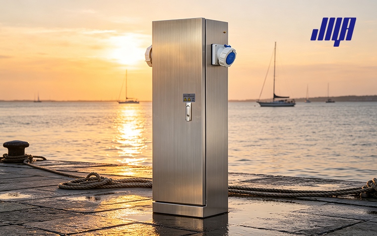 Marine Power Pedestals: Dock & Marina Shore Power Guide 9 Detailed close‑up of marine shore power pedestal, heavy‑duty electrical outlet equipment for marina vessels