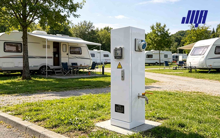 Understanding RV Pedestals: 50, 30, and 20 Amp Options 38 Detailed close‑up of RV pedestal outlets, showing 50 amp, 30 amp and 20 amp power connection interfaces
