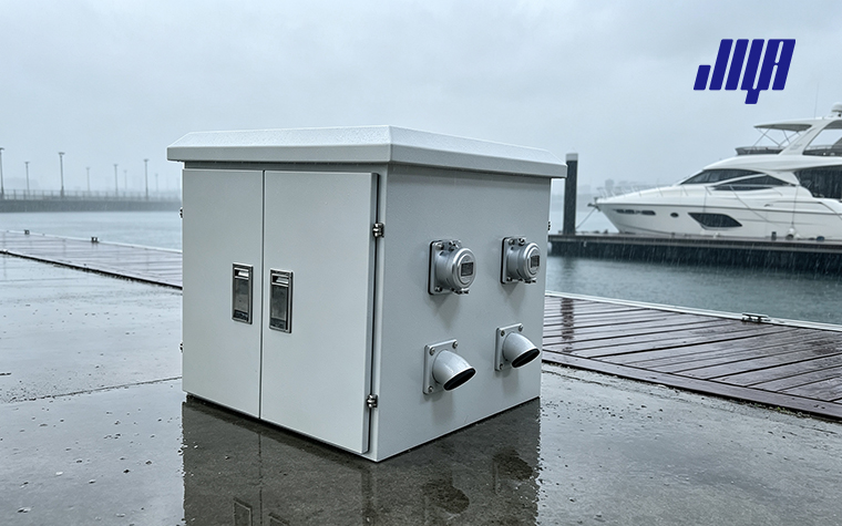Dock Power Pedestals: Marine, Marina, and RV Solutions 4 Ground‑mount dock‑style power pedestals at RV campground, equipped with 30A and 50A receptacles for recreational vehicle electrical hook‑up service