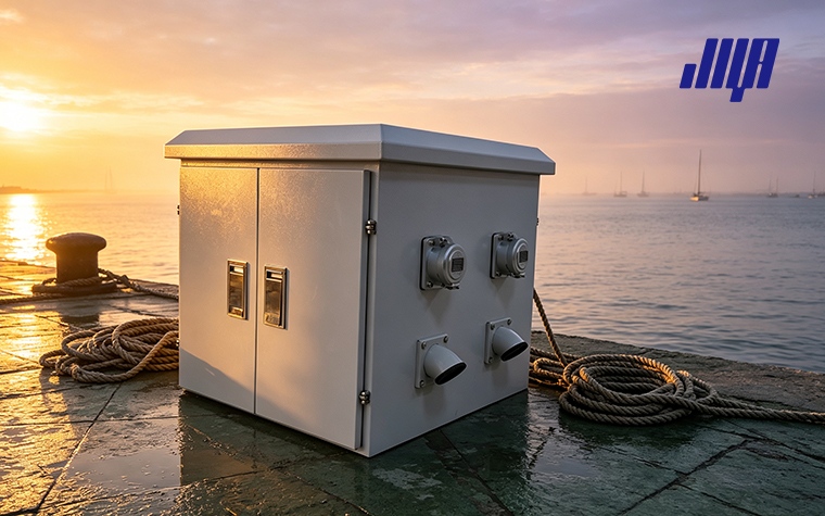Marina Power Pedestals: Dock Power for Boats & RVs 28 Marina dock scene, power pedestals supply dock power for moored boats and parked RVs