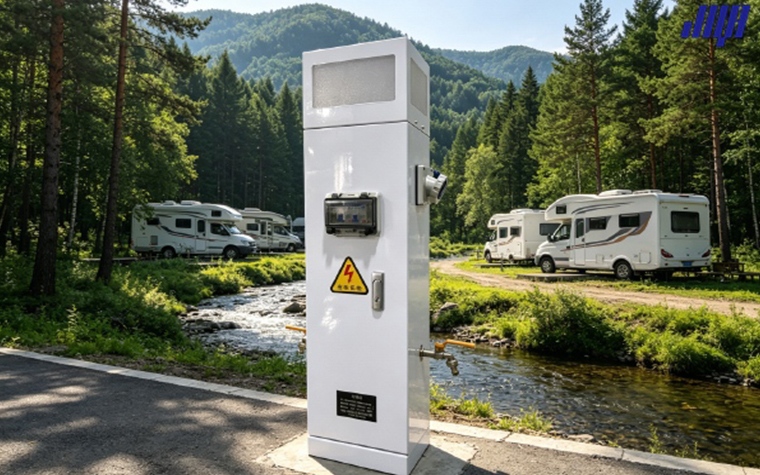 A Complete Guide to GE RV Pedestals 44 Real campsite application scene, GE RV pedestal providing stable power supply for parked recreational vehicle