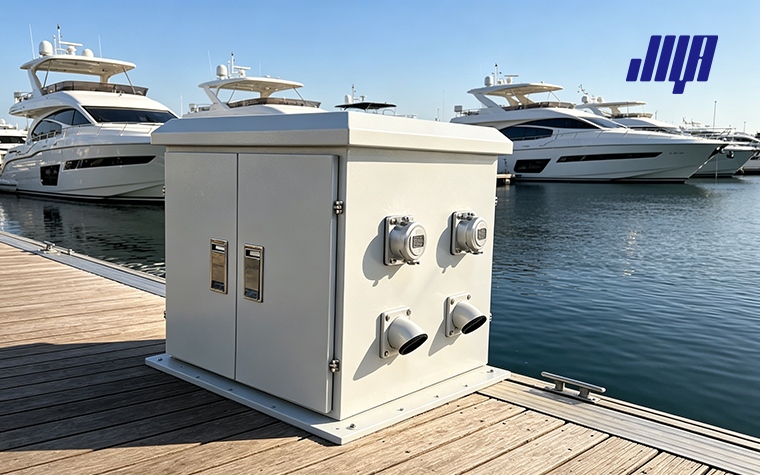 Marine Power Pedestals: Dock & Marina Shore Power Guide 11 Internal wiring and safety parts inside marine power pedestal for dock marina shore power system