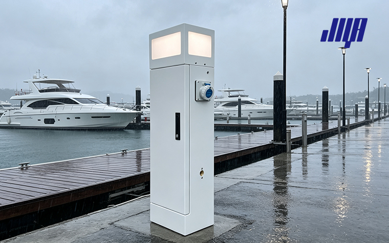 Marina Power Pedestals: Dock Power for Boats & RVs 29 Internal wiring and safety parts of marina power pedestal, dock power system for boats & RVs