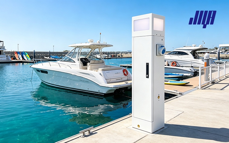 Marine Power Base Suitable for Docks and Yacht Marinas: Power 17 Internal wiring and safety components of marine power base suitable for docks and yacht marinas