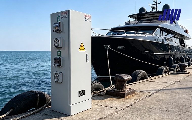 Dock Power Pedestals: Marine, Marina, and RV Solutions 5 Close‑up view of dock power pedestal, showing waterproof sockets, circuit breakers, optional metering and water outlets for both marine and RV working scenarios