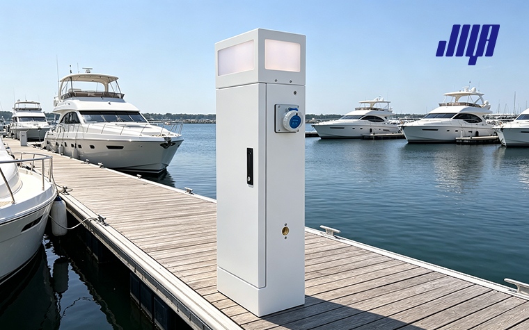 Marine Power Base Suitable for Docks and Yacht Marinas: Power 18 Field installation layout of multiple marine power bases for docks and yacht marinas power infrastructure