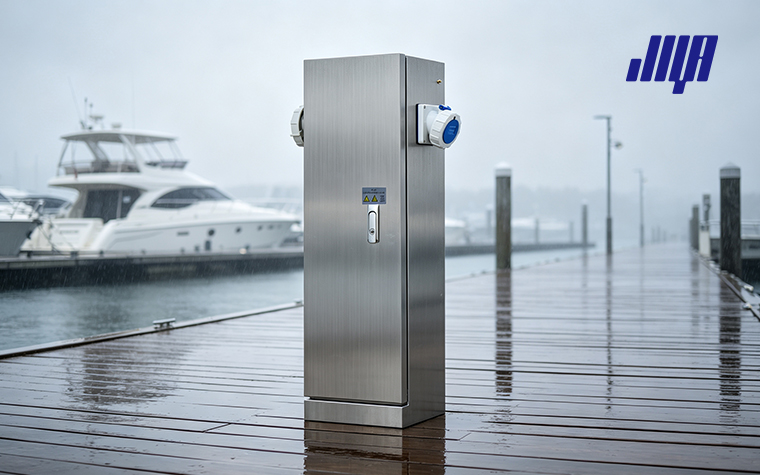 Marine Power Base Suitable for Docks and Yacht Marinas: Power 16 Marine power base working to supply power for docked yachts at yacht marina pier