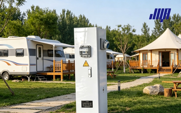 Understanding RV Pedestals: 50, 30, and 20 Amp Options 39 Campsite practical scene, recreational vehicle plugged into RV pedestal with 50,30,20 amp power options