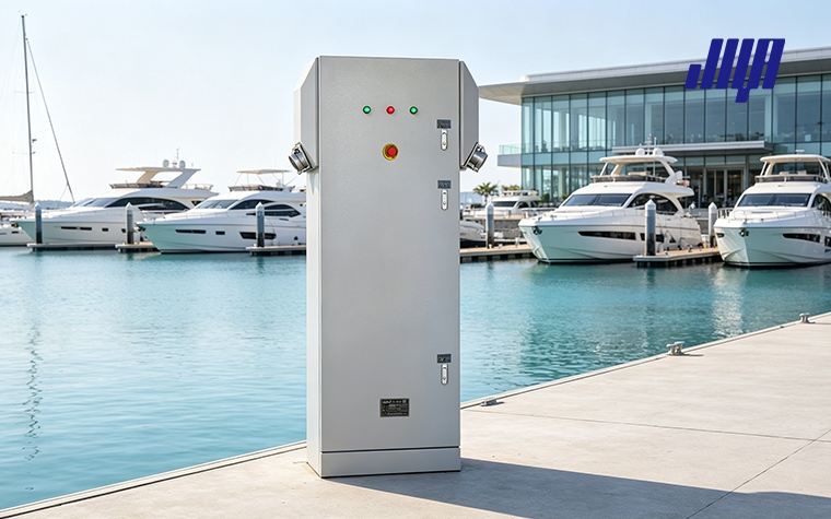 Marine Power Pedestals: Dock & Marina Shore Power Guide 10 Working marine power pedestal delivering shore power to docked yacht at marina pier