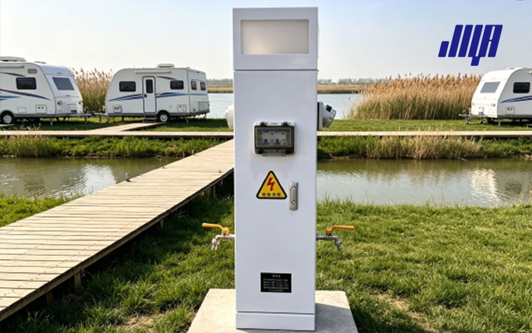 RV Pedestal with Water: Power Pedestals for Campers 10 Field installation of RV pedestal with water, multi‑purpose power pedestals for campers campsite infrastructure display