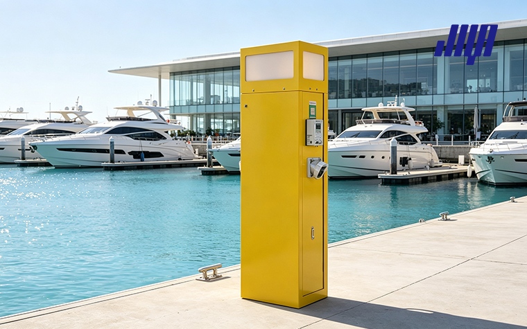 Lighthouse Power Pedestal: Understanding Shore Power Solutions 18 Component breakdown infographic of lighthouse power pedestal, covering receptacles, protective breakers, metering module and LED light unit for marine shore power