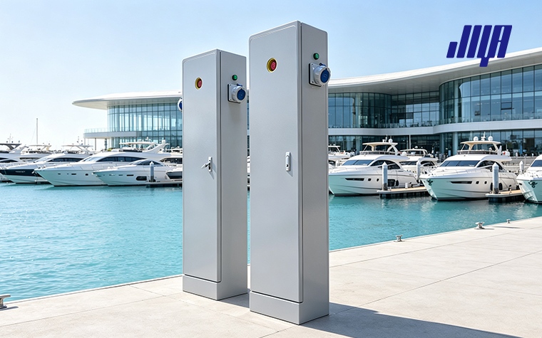 Marine Power Pedestals for Dock, Marina & RV Power 23 Side‑by‑side comparison of power pedestals used in marina dock marine environment and RV campground, showing difference in enclosure, sockets and environmental adaptability