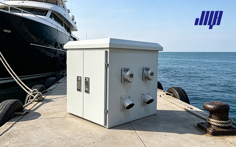 Marine Power Pedestals for Dock, Marina & RV Power 24 Infographic checklist of core specifications for power pedestals, covering IP rating, amperage, material, safety standards for dock, marina and RV park projects