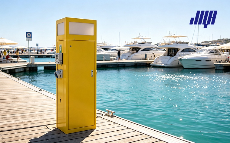 Lighthouse Power Pedestal: Understanding Shore Power Solutions 17 Real dock installation scene of lighthouse power pedestals, providing convenient shore power solutions for yachts and boats in saltwater marina environment