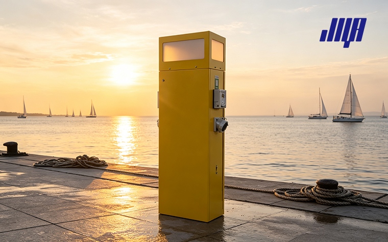 Lighthouse Power Pedestal: Understanding Shore Power Solutions 15 Close‑up view of lighthouse power pedestal, showing marine‑grade enclosure, weather‑resistant outlets and integrated dock lighting for shore power supply