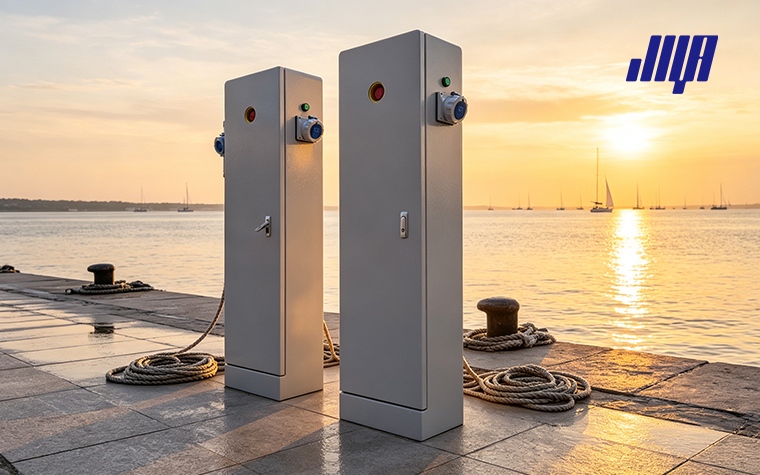 Marina Safety: Boat Electrical Standard - Safety Tips Brochure 4 Safety tips brochure graphic for boat owners working with shore power pedestals and onboard marine electrical systems