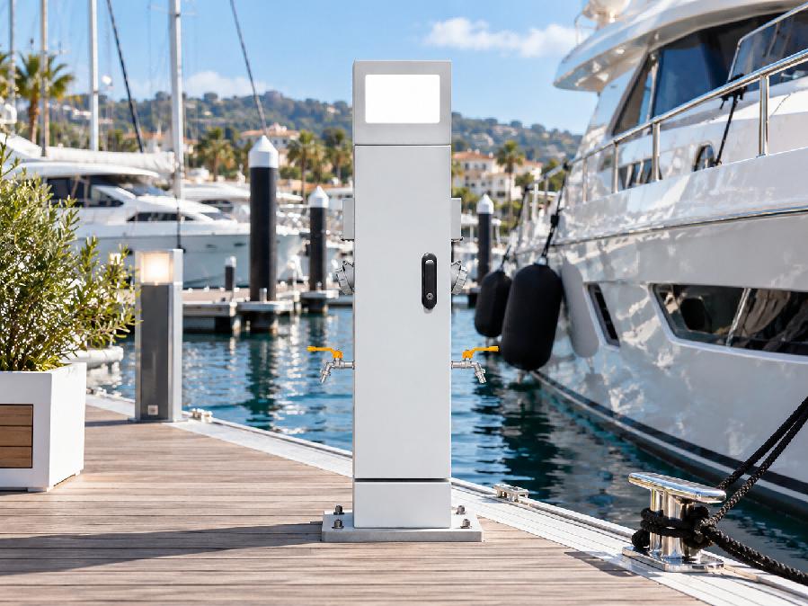 GRWE1002020D-R Dual-Sided Water and Power Pedestal for Twin Pitches 4 Coastal and marina installations expose the pedestal to salt spray and sustained humidity