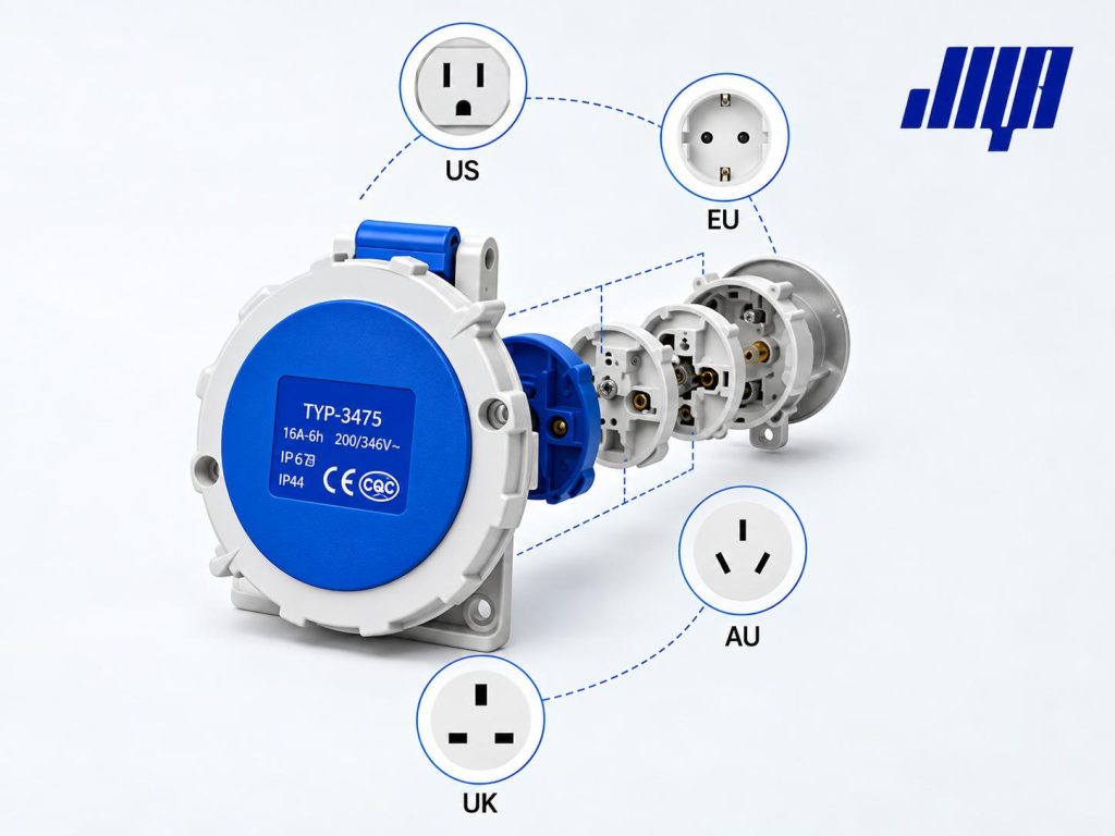 GRWE1002020D-R Dual-Sided Water and Power Pedestal for Twin Pitches 2 Modular socket with interchangeable interface plates for US, EU, AU and UK standards