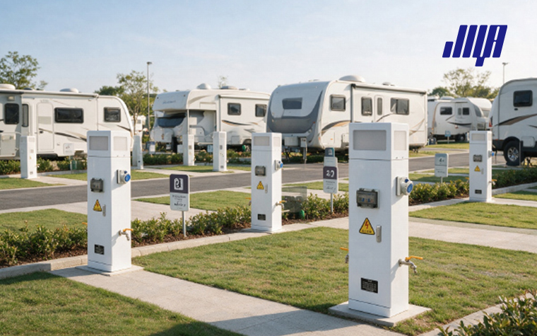 Commercial outdoor electrical pedestal device, heavy‑duty outdoor power supply unit for campgrounds, parks and marinas