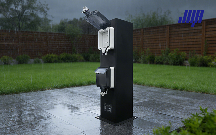 Technician installing outdoor electrical socket pedestal, step‑by‑step outdoor power equipment installation tutorial scene