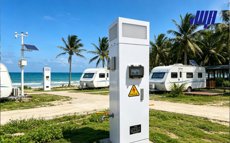 Row of RV power pedestals installed at RV park campsites, outdoor power supply equipment for recreational vehicles