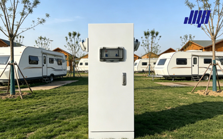 Technician uses multimeter to test RV power pedestal, practical circuit testing guide for campsite power equipment