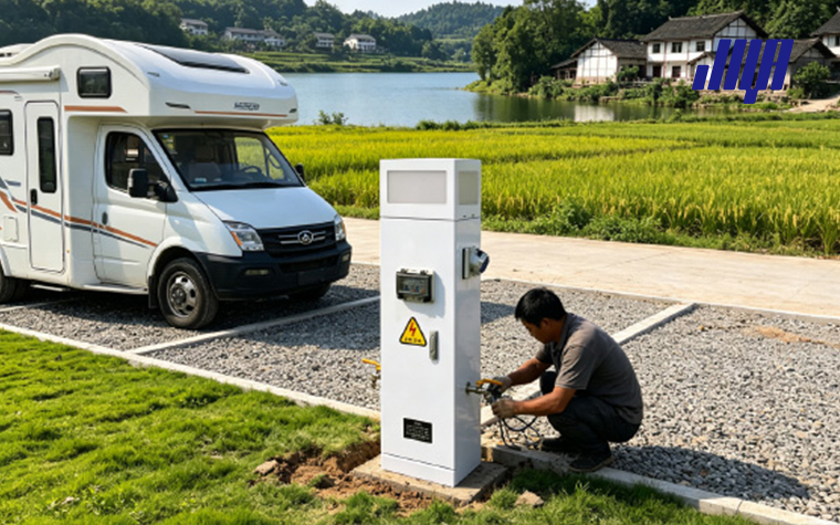 RV power pedestal full exterior view, introductory guide to ground‑mounted power supply equipment for recreational vehicles