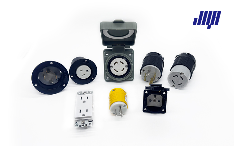 50 amp twist‑lock receptacle close‑up, heavy‑duty industrial socket for RV power pedestal, electrical component product shot