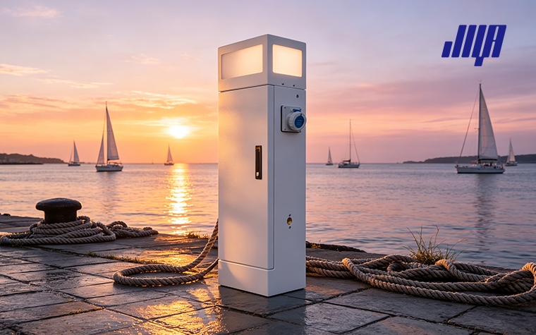 Marine Power Pedestal & RV Power Pedestals for Dock & Marina Electrical 2 Detail view of marine power pedestal, twist‑lock waterproof receptacles for safe dockside electrical power supply