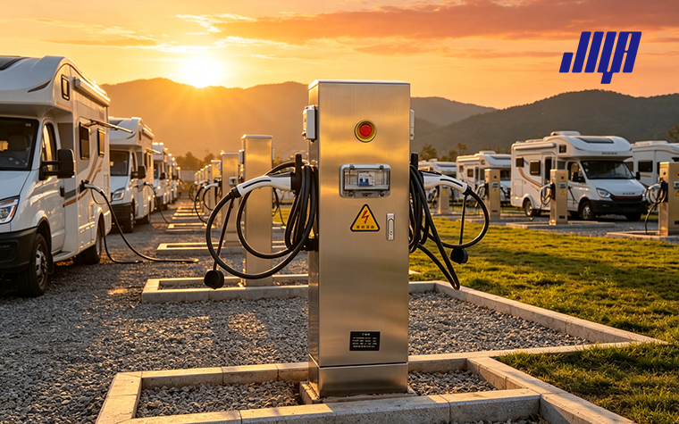 Full exterior view of modern EV charging station, electric vehicle charging equipment parked outdoors, clean commercial charging scene