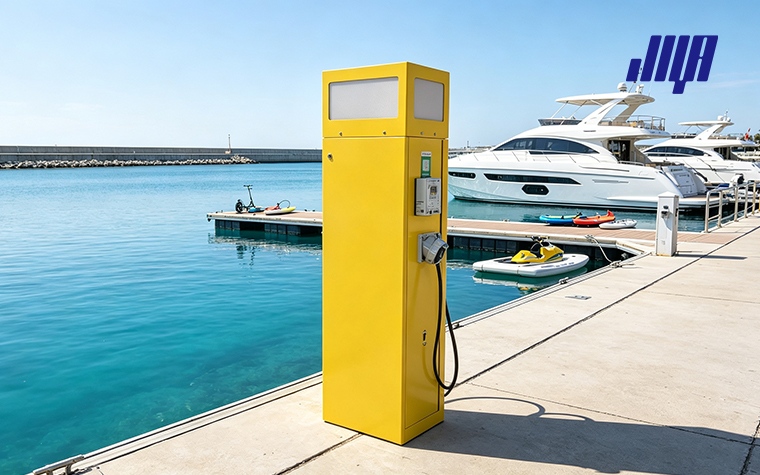 Marine Power Pedestal & RV Power Pedestals for Dock & Marina Electrical 4 Wide‑angle marina dock view fitted with marine and RV power pedestals, complete electrical utility setup for port waterfront facility