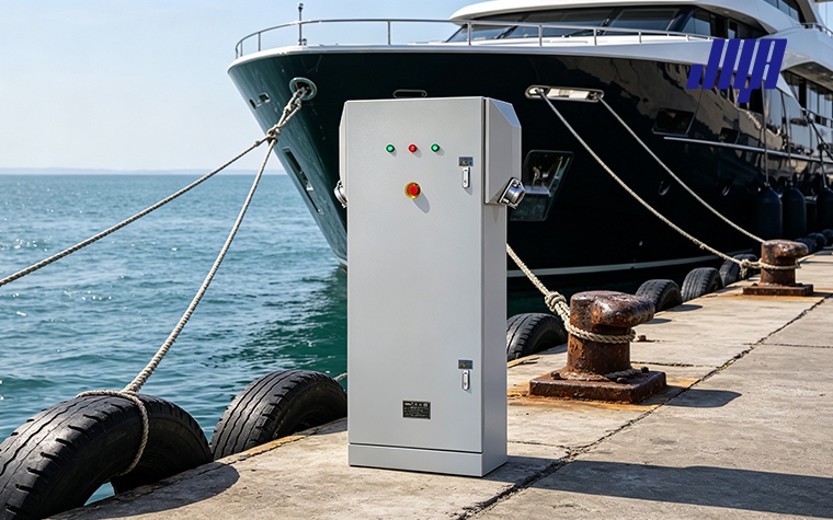 Marine Power Pedestal & RV Power Pedestals for Dock & Marina Electrical 1 Marine power pedestal and RV power pedestal installed on marina dock, shore power supply for boats, yachts and camper vehicles