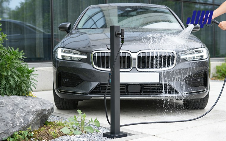 Black stainless‑steel outdoor faucet column installed in residential courtyard, outdoor water supply equipment for garden watering and cleaning