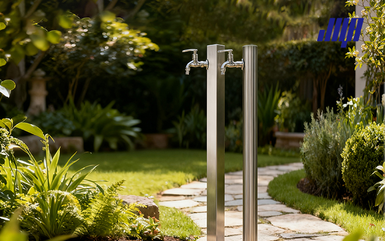 Column faucet assembled on outdoor water pedestal, dedicated water tap fixture for campground and marina utility post