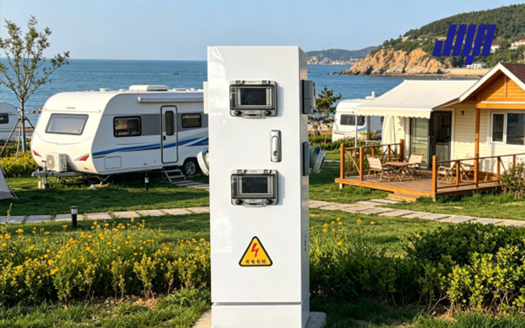 Ground‑mount power pedestal full product shot, integrated power and water outlet for RV parks, marinas and campsites, high‑quality commercial product image