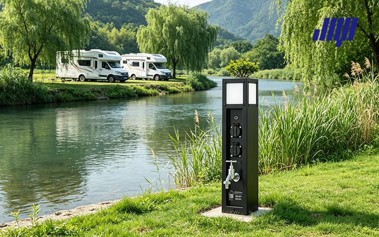 Full‑view shot of utility power pedestals arranged in mobile home park, essential power and water supply facilities for mobile residences