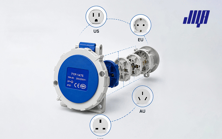Assortment of different‑spec industrial sockets and matching plugs, heavy‑duty electrical connection products laid out for display