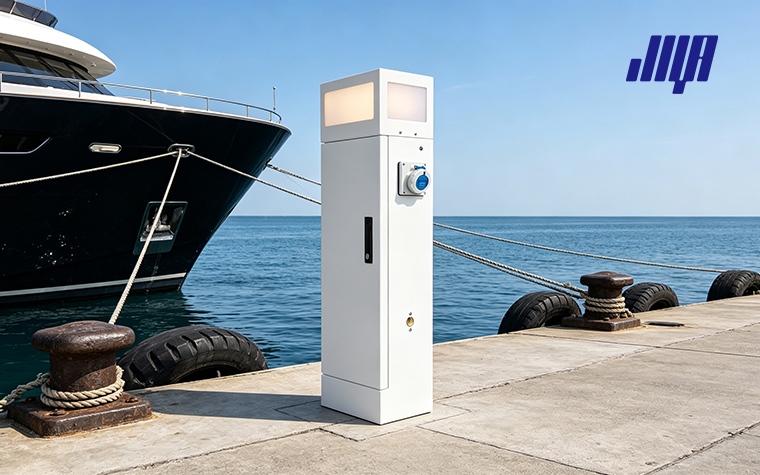 Marina shore power pedestal at port dock, shore power solutions supplying electricity for moored vessels and yachts