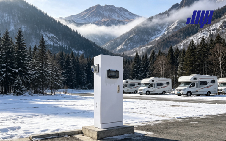 Complete outdoor power pedestal, vertical ground‑mount power supply unit for RV parks, campgrounds and marina sites, commercial product photo