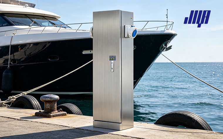 Marine Power Pedestal & RV Power Pedestals for Dock & Marina Electrical 3 Moored yacht and recreational vehicle connecting to marine RV power pedestal on pier, dock shore power application scene