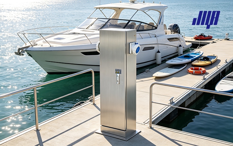 Article cover graphic introducing multi‑application dock power pedestals, covering marine boat shore power, marina berth facilities and RV campground power supply solutions