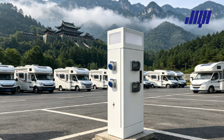 RV pedestal with water, all‑in‑one power pedestals for campers, complete exterior view of campsite utility unit