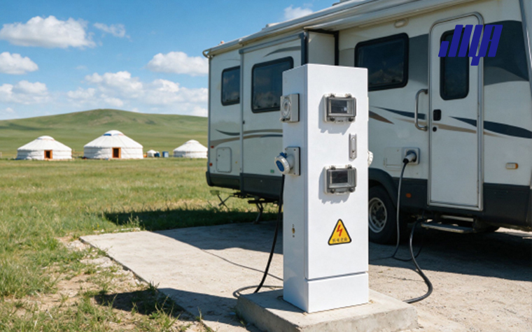 The ultimate guide to RV pedestals with meter, full exterior view of metered RV power pedestal for campsite usage