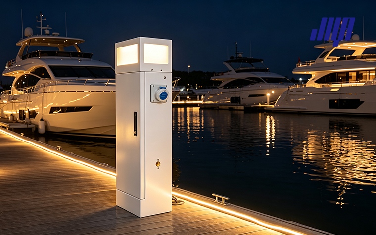 Marina power pedestals installed on dock, providing dock power for boats and RVs at waterfront campsite