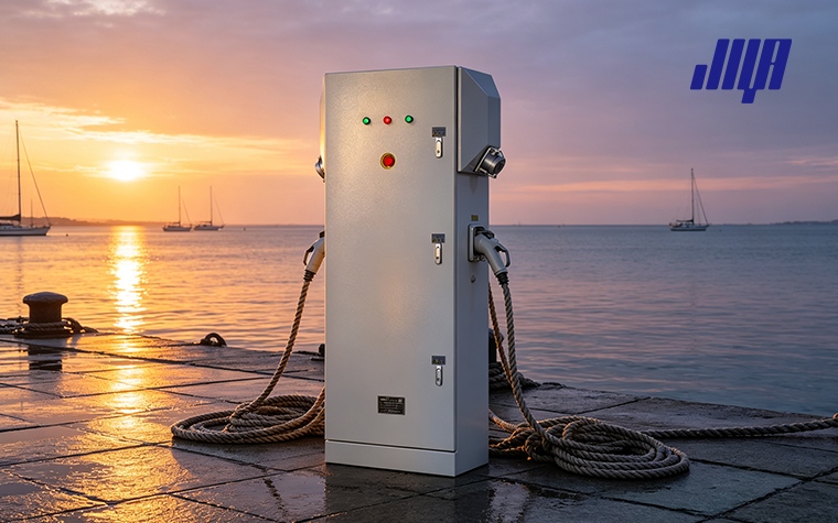 Marine power pedestals installed on marina dock, shore power supply for moored boats and yachts