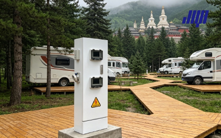 RV Wiring Guide, overall view of outdoor power pedestal and outlet for recreational vehicle power supply