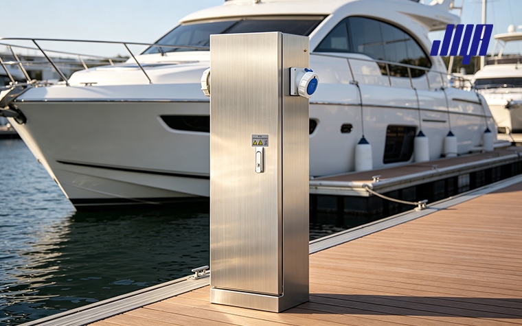 Full‑view product shot of heavy‑duty fiberglass power rack stanchion, non‑conductive, salt‑water resistant support frame for dock power pedestal assembly