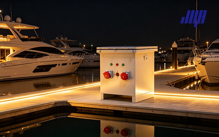 Installation assembly view showing dock power pedestal fixed onto fiberglass power rack stanchion for stable above‑water dockside mounting