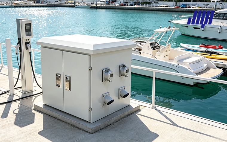 Blog cover graphic for multi‑scene marine power pedestals, suitable for dock, marina boat shore power and campground RV electrical hook‑up applications